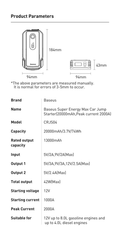 Baseus Max Car Jump Starter 2000A